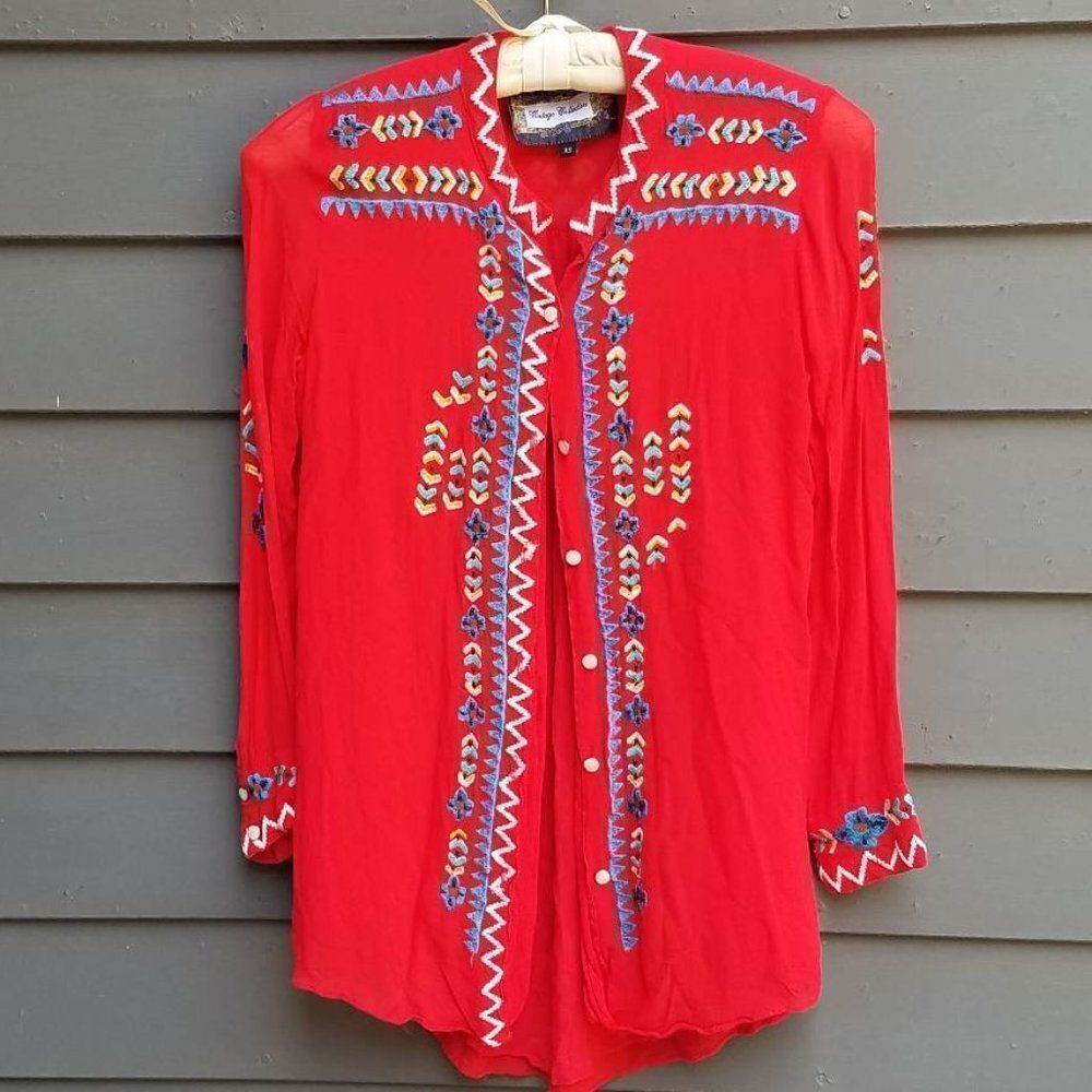 Vintage Collection Red Boho Blouse With Embroidery Size XS